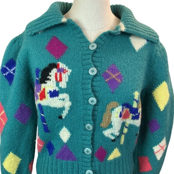 Berek Hand-Knit 100% Wool Cardigan Sweater Carousel Horse Pattern Button-UpWomen - Picture 6 of 10